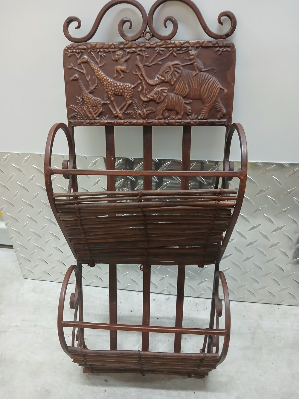 Rust Brown Metal & Wicker Wall Basket Rack with Safari Relief